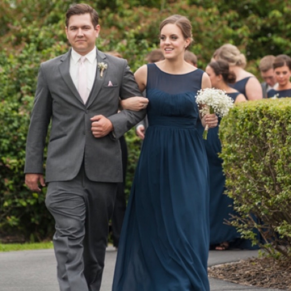 Navy Bill Levkoff bridesmaid dress